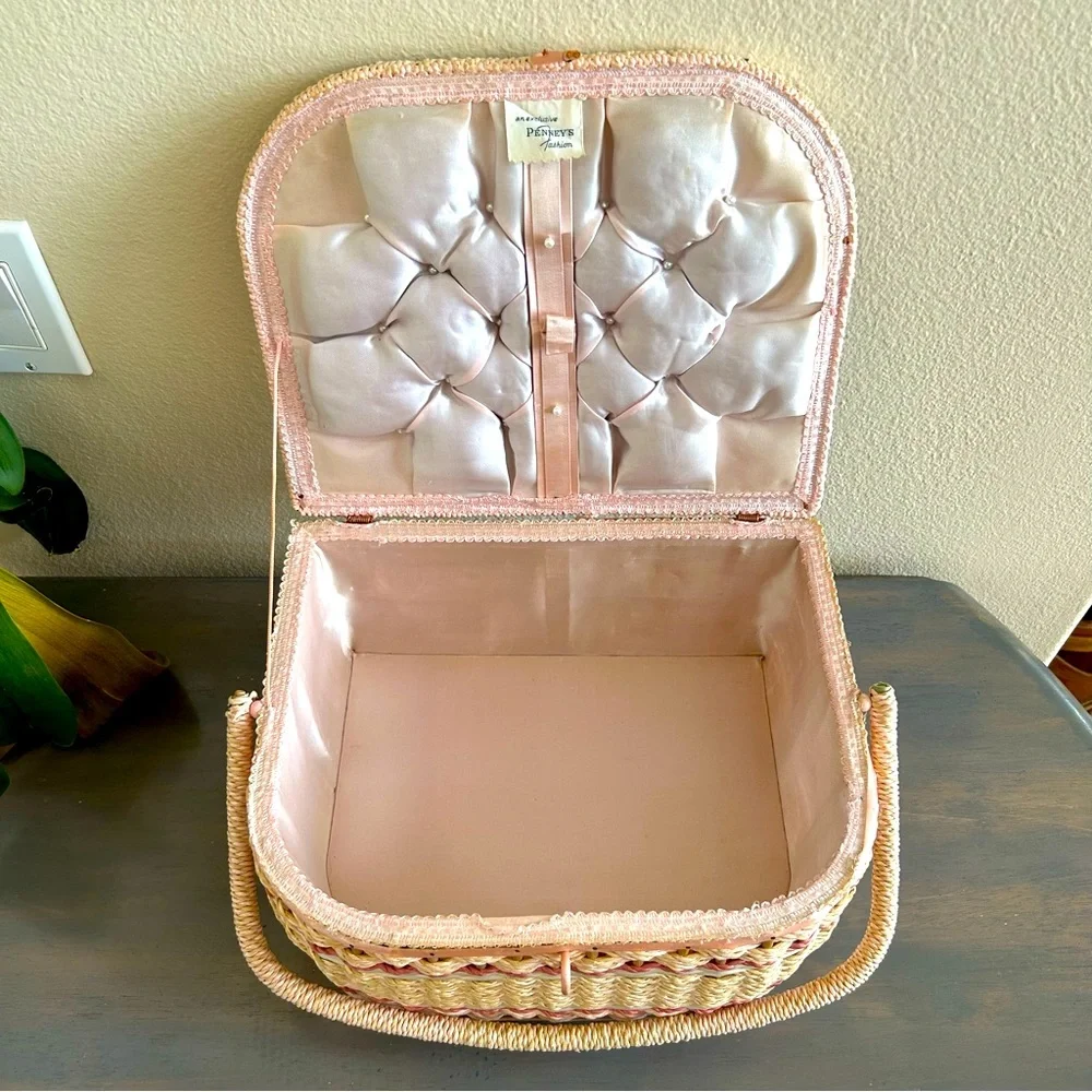 Vintage Sewing Basket Large Pink Rattan Original Clear Tray for Penny’s in Japan
